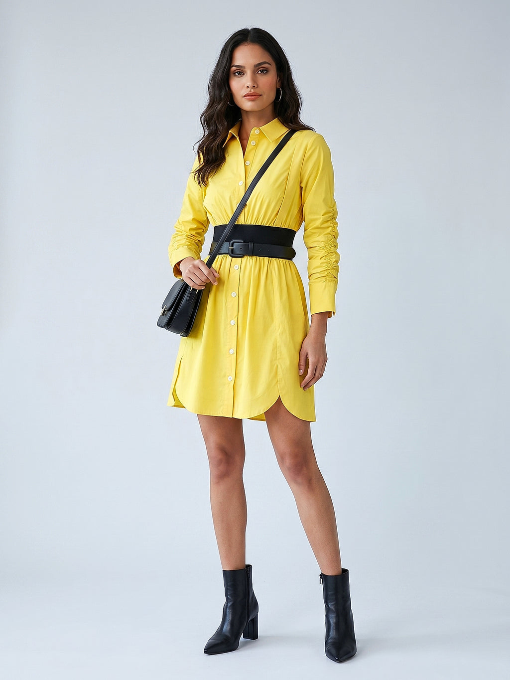 Sarı - Farren Uzun Kol Pamuklu Diz Boyu Poplin Elbise - FRN30381 - Model on white - front
