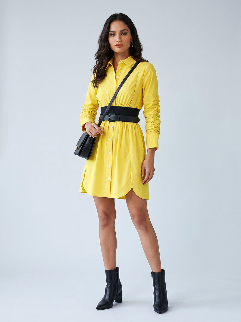 Beli Büzgülü Uzun Kollu Poplin Mini Gömlek Elbise · Sarı