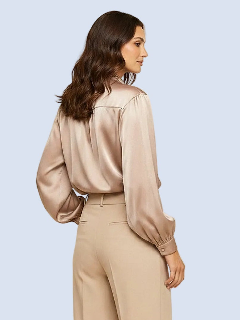 Bej - Farren Uzun Kol Saten Bluz - FRN1113 - Model on white - back/side