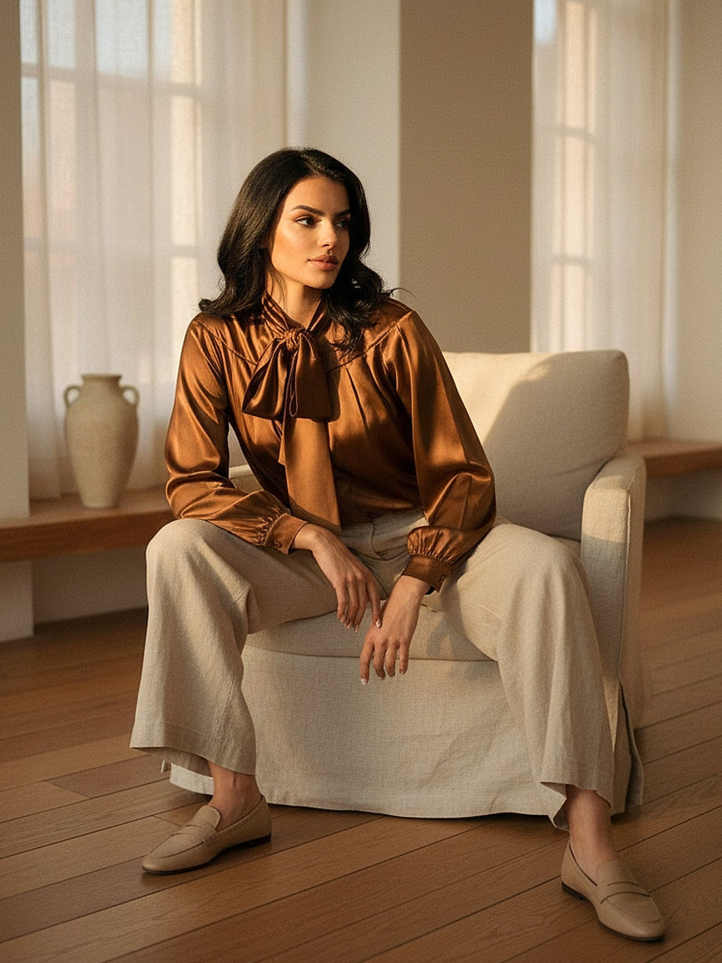 Kahverengi - Farren Uzun Kol Saten Bluz - FRN1113 - Lookbook Istanbul interior