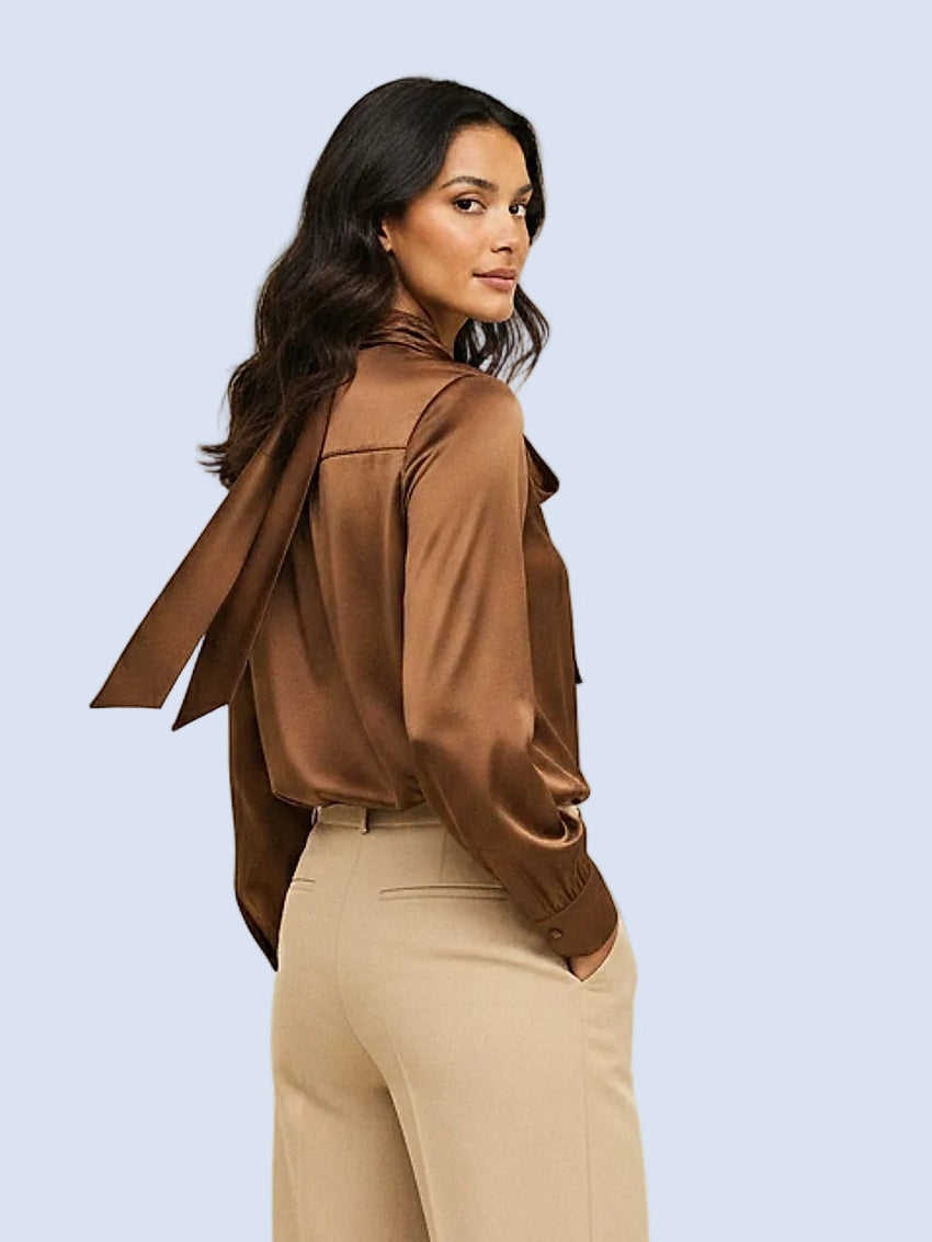 Kahverengi - Farren Uzun Kol Saten Bluz - FRN1113 - Model on white - back/side