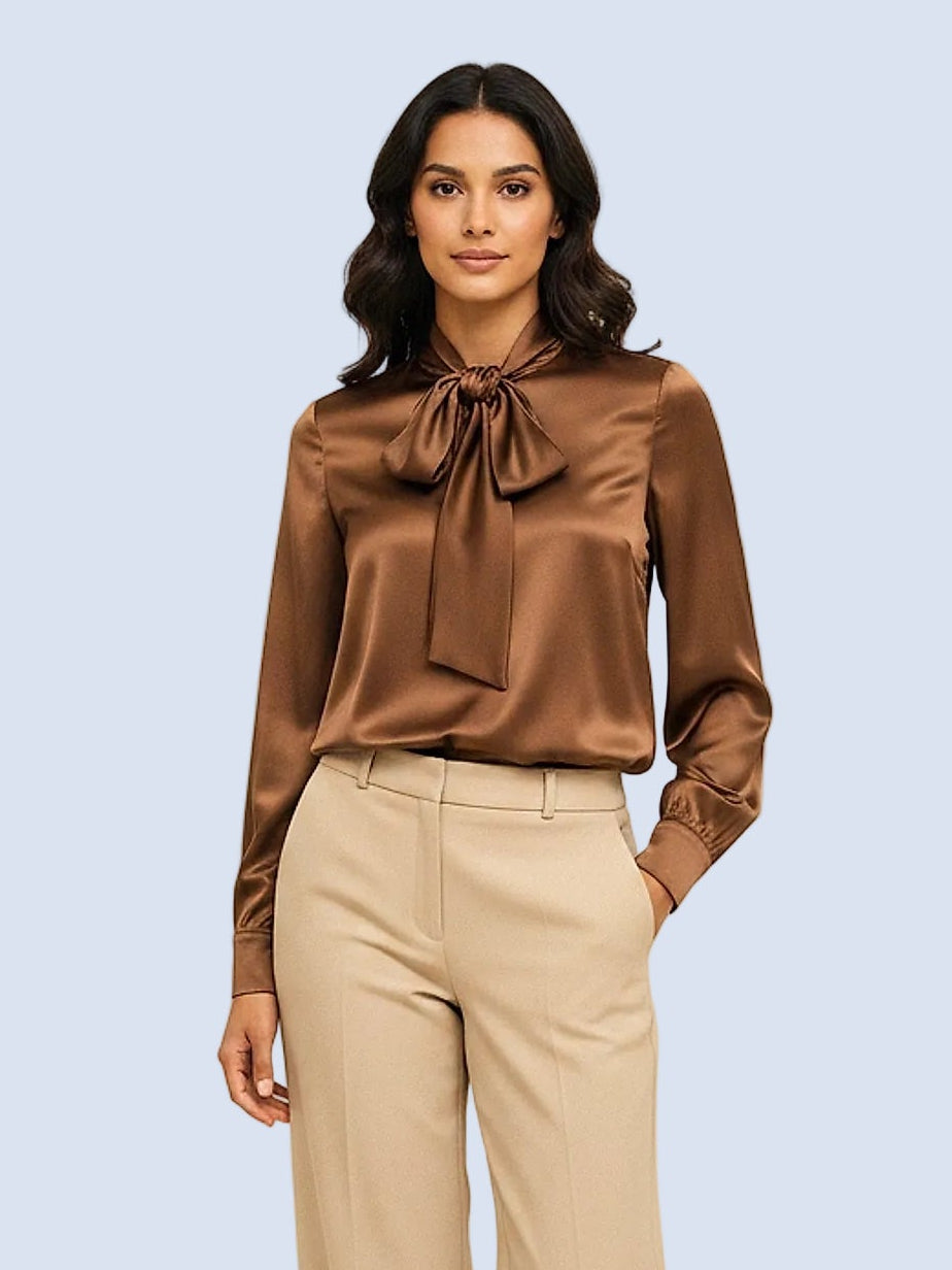 Kahverengi - Farren Uzun Kol Saten Bluz - FRN1113 - Model on white - front