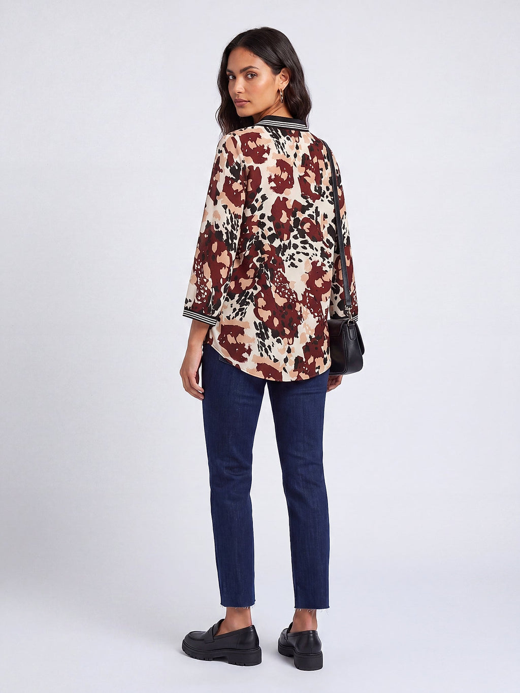 Bordo - Farren V Yaka 3/4 Kol Desenli Bluz - FRN110625 - Model on white - back/side