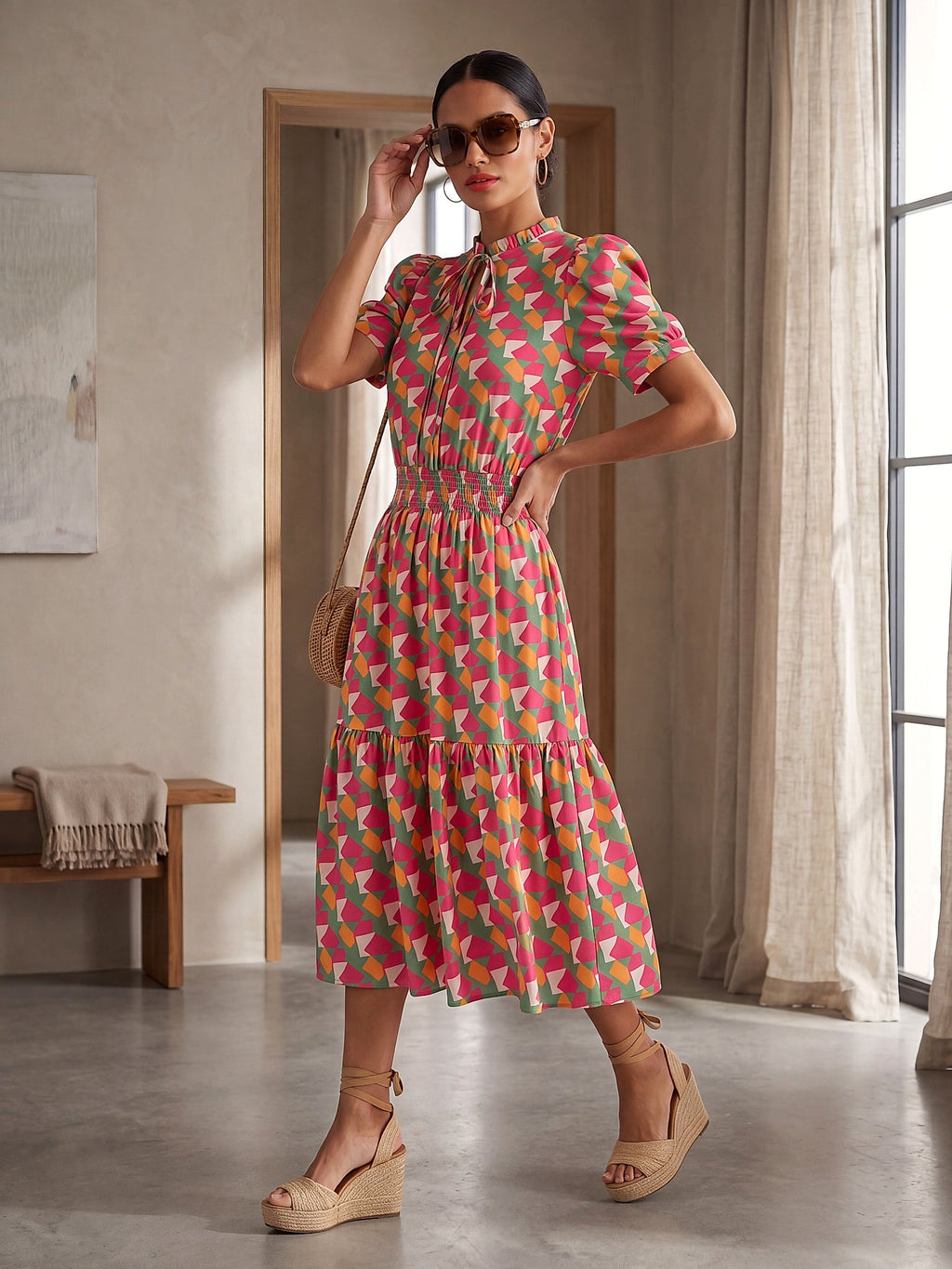 Kırmızı - Farren V Yaka Bağcıklı Balon Kol Viskon Midi Elbise - FRN3038925 - Lookbook editorial interior