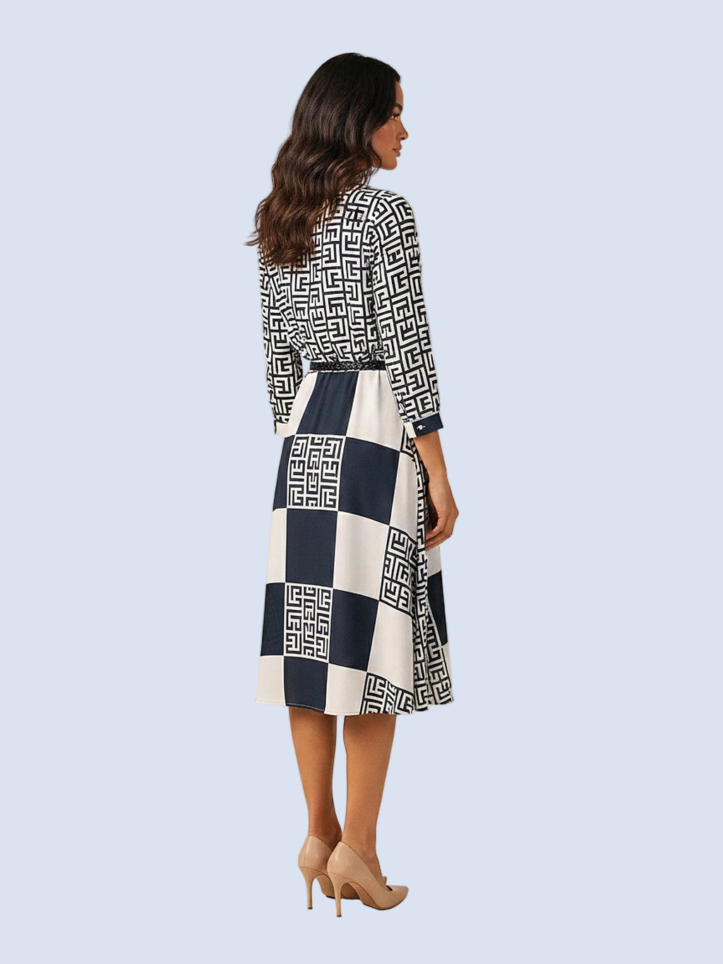 Lacivert - Farren V Yaka Desenli Midi Elbise - FRN3019 - Model on white - back/side
