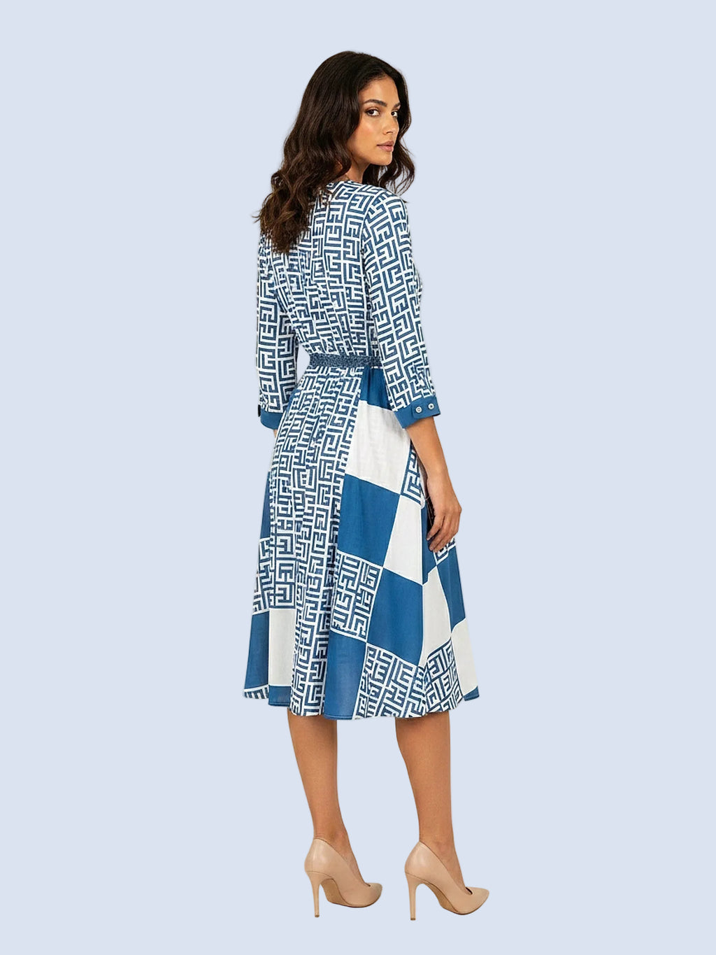 Mavi - Farren V Yaka Desenli Midi Elbise - FRN3019 - Model on white - back/side