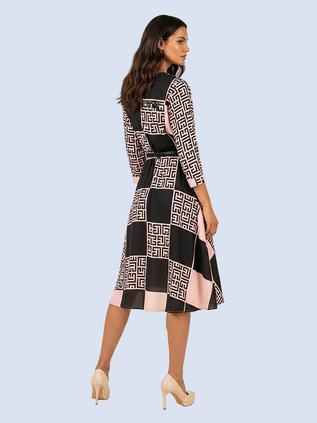 Pembe - Farren V Yaka Desenli Midi Elbise - FRN3019 - Model on white - back/side