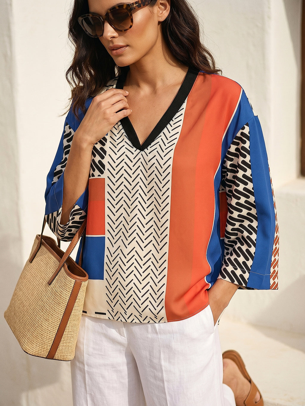 Saks Mavisi - Farren V Yaka Renk Bloklu Desenli Bluz - FRN110325 - Editorial waist-up detail