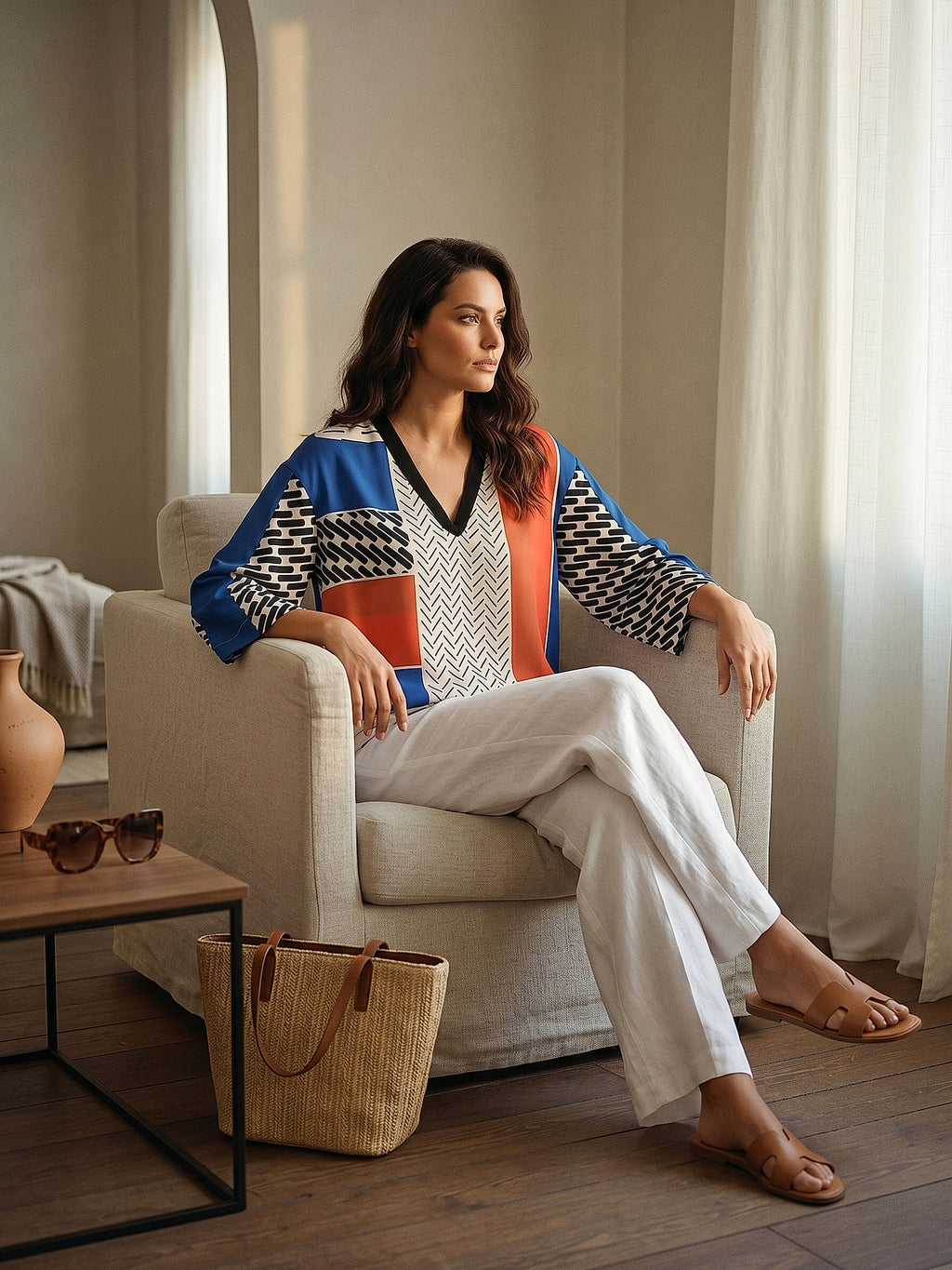 Saks Mavisi - Farren V Yaka Renk Bloklu Desenli Bluz - FRN110325 - Lookbook editorial interior