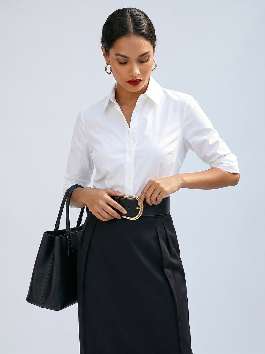 Siyah - Farren Ön Pileli Yarım Diz Boyu Etek - FRN400025 - Editorial waist-up detail