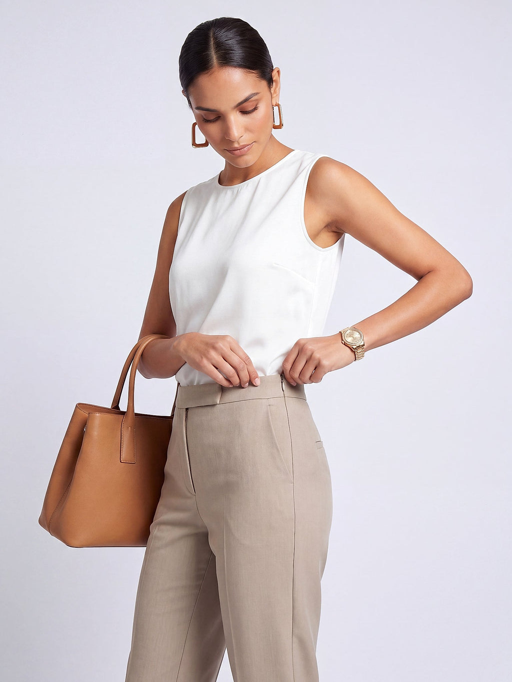 Bej - Farren Yüksek Bel Dar Paça Esnek Pantolon - FRN6107025 - Editorial waist-up detail
