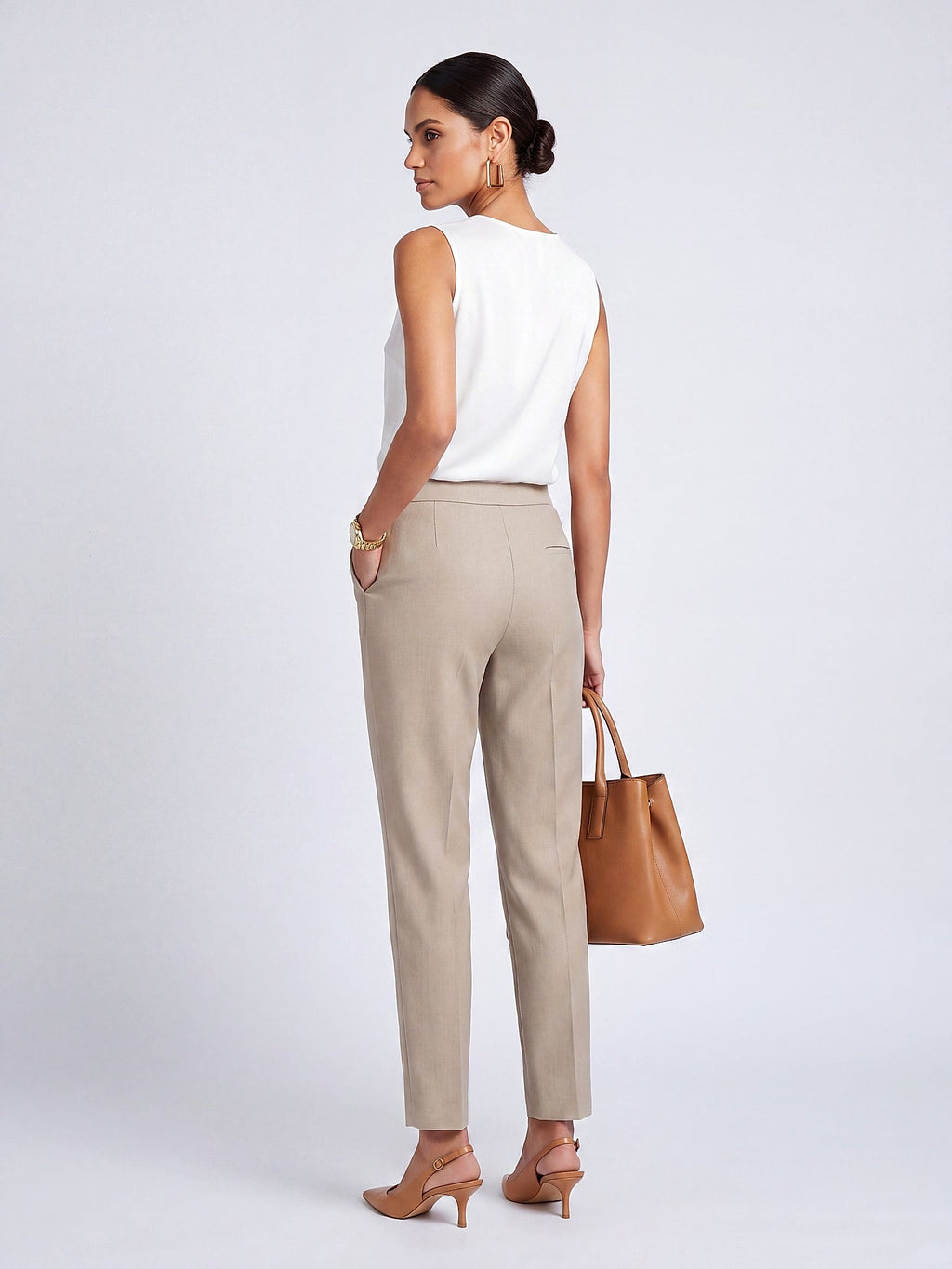 Bej - Farren Yüksek Bel Dar Paça Esnek Pantolon - FRN6107025 - Model on white - back/side