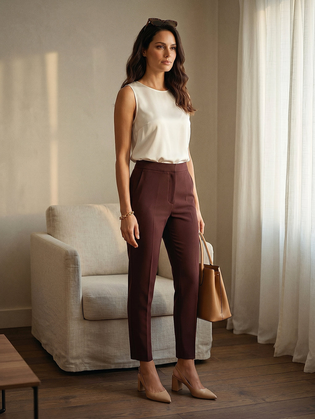 Bordo - Farren Yüksek Bel Dar Paça Klasik Takım Pantolonu - FRN205425 - Lookbook editorial interior