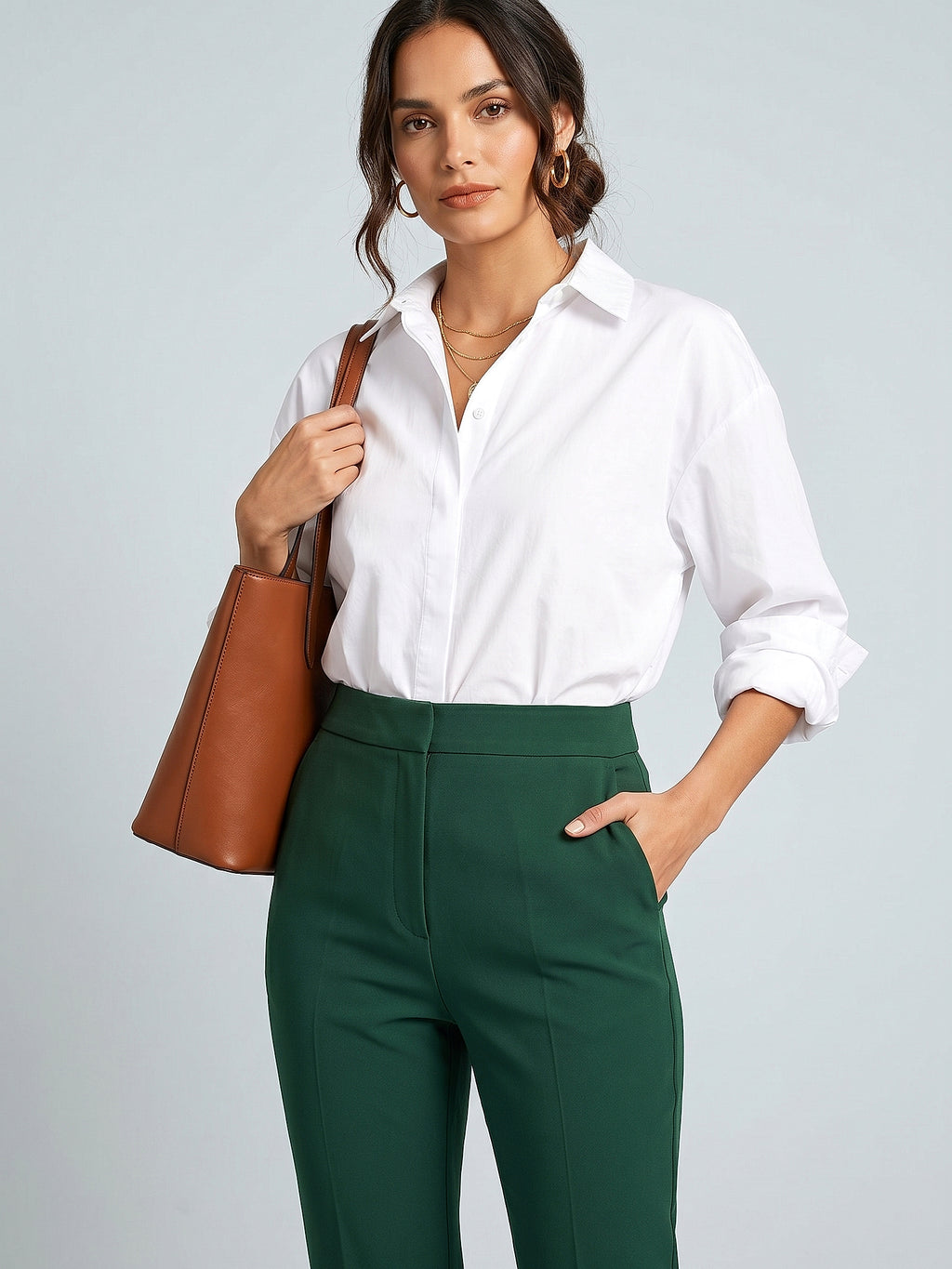Yeşil - Farren Yüksek Bel Dar Paça Klasik Takım Pantolonu - FRN205425 - Editorial waist-up detail
