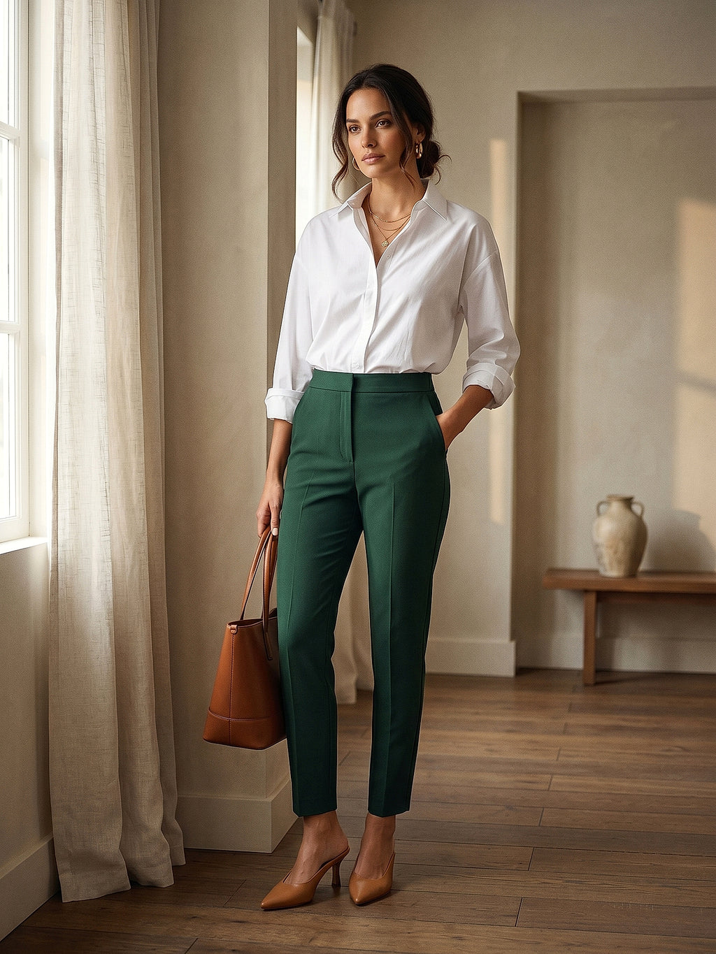 Yeşil - Farren Yüksek Bel Dar Paça Klasik Takım Pantolonu - FRN205425 - Lookbook editorial interior