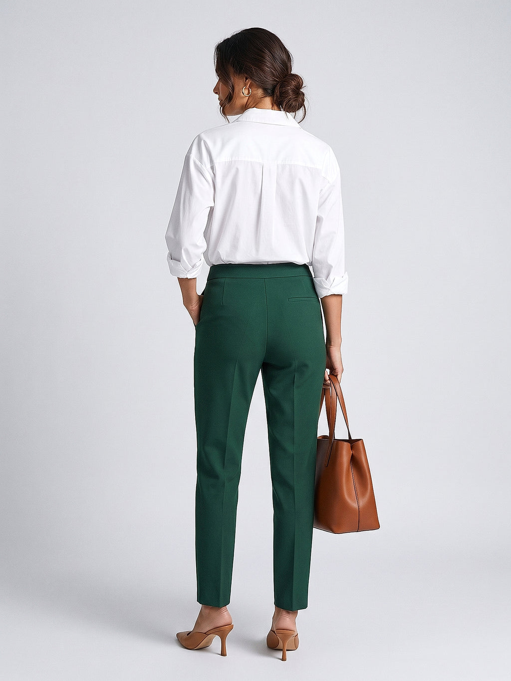 Yeşil - Farren Yüksek Bel Dar Paça Klasik Takım Pantolonu - FRN205425 - Model on white - back/side