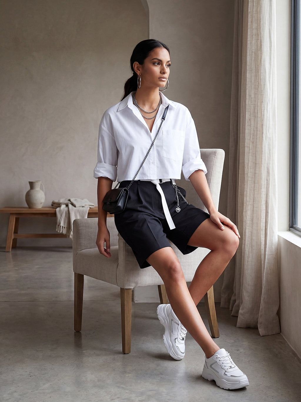 Siyah - Farren Yüksek Bel Pile Detaylı Şort - FRN60020 - Lookbook editorial interior
