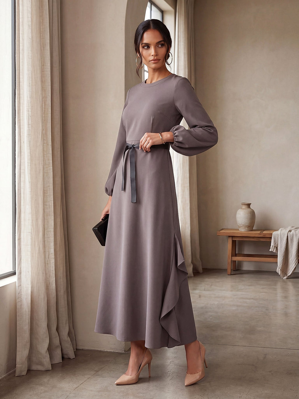 Gri - Farren Yuvarlak Yaka Uzun Kol Kuşaklı Volanlı Maxi Elbise - FRN310425 - Lookbook editorial interior