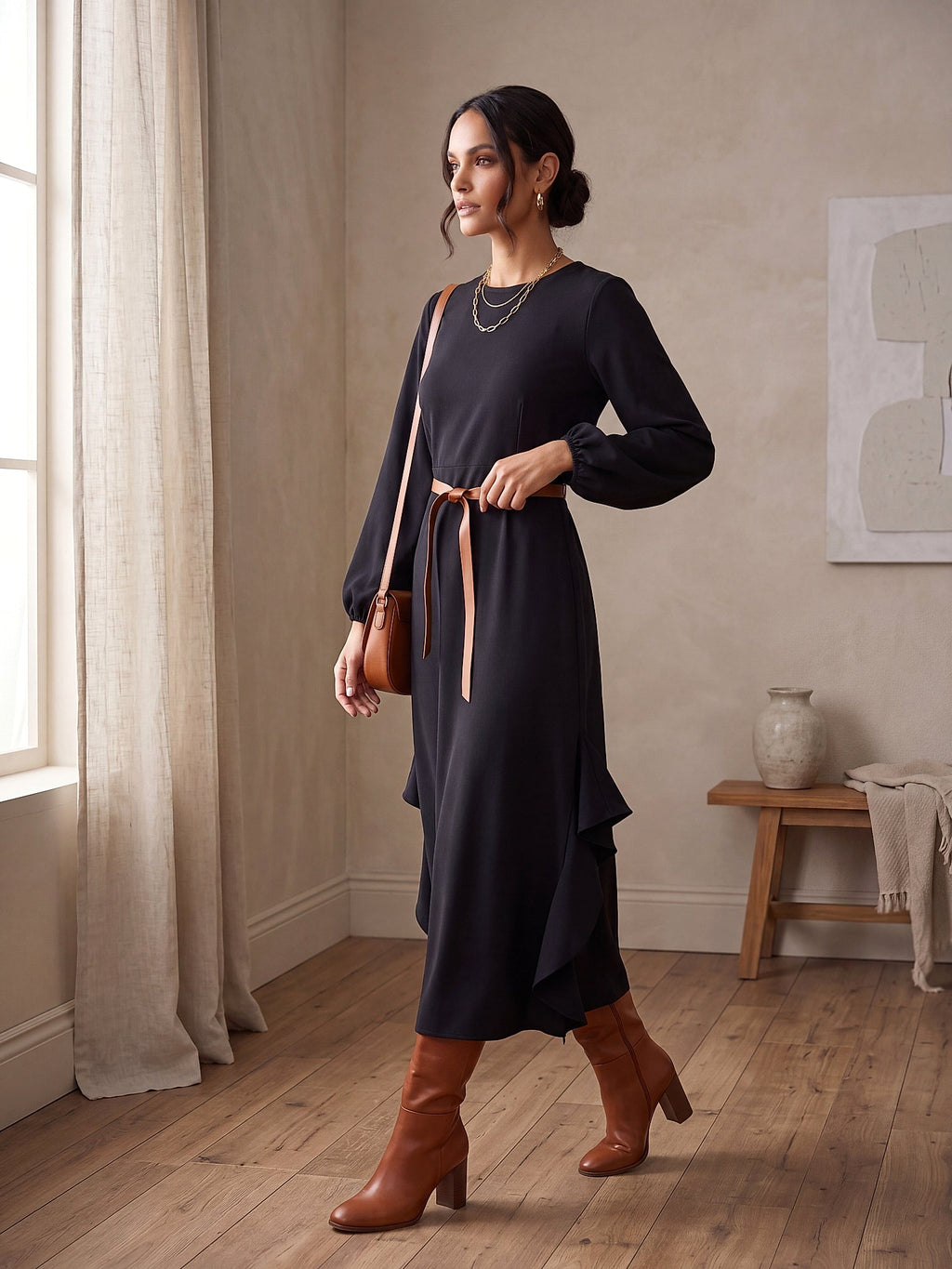 Siyah - Farren Yuvarlak Yaka Uzun Kol Kuşaklı Volanlı Maxi Elbise - FRN310425 - Lookbook editorial interior