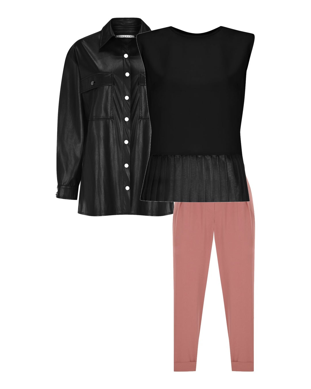 Siyah deri gömlek ceket, siyah peplum bluz, gül kurusu pantolon
