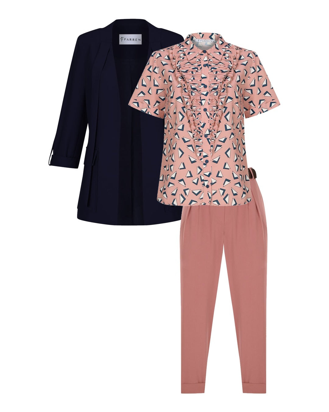 Lacivert blazer, toz pembe gömlek, gül kurusu pantolon