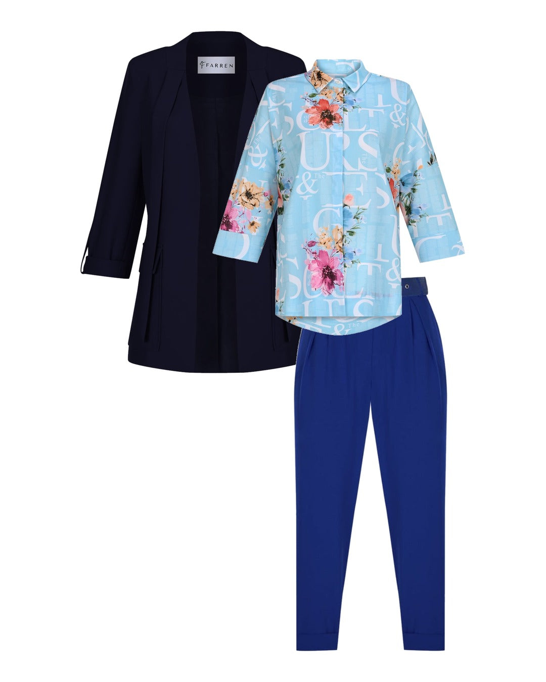 Lacivert blazer, buz mavisi gömlek, kobalt pantolon
