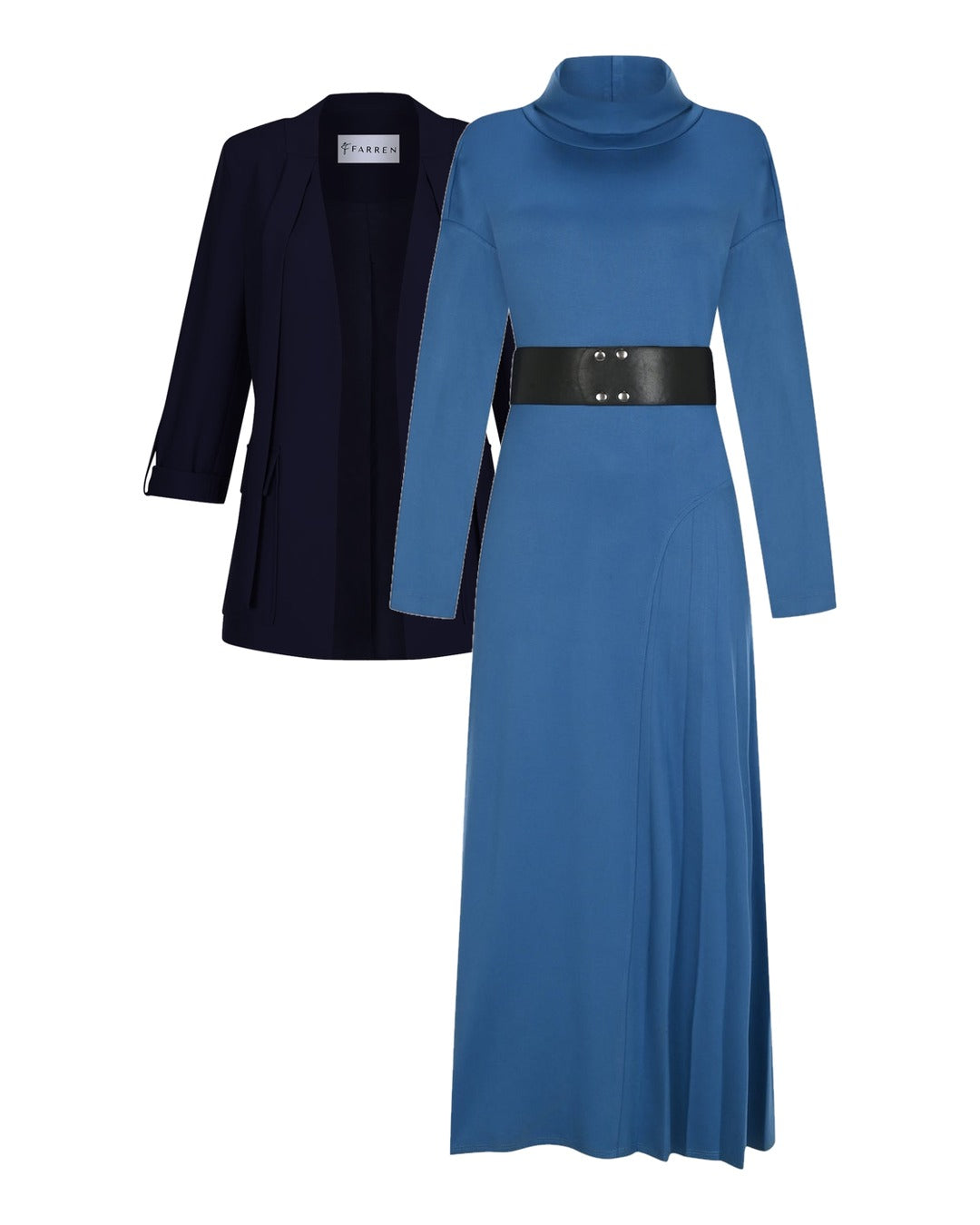 Lacivert blazer, saks örme maxi elbise