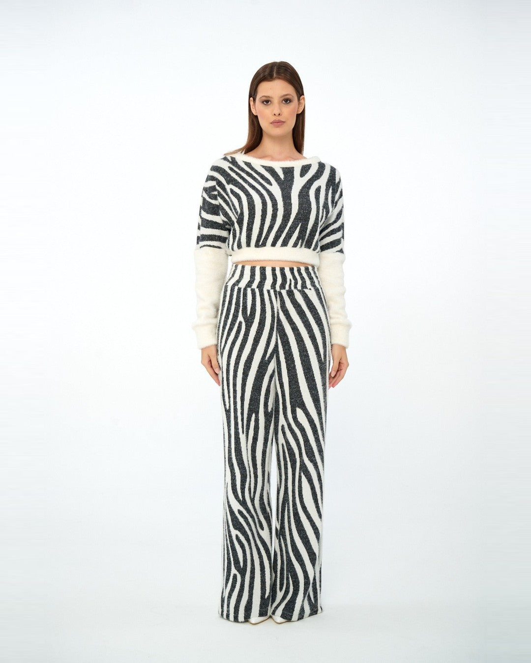Zebra crop triko kazak, zebra geniş paça triko pantolon