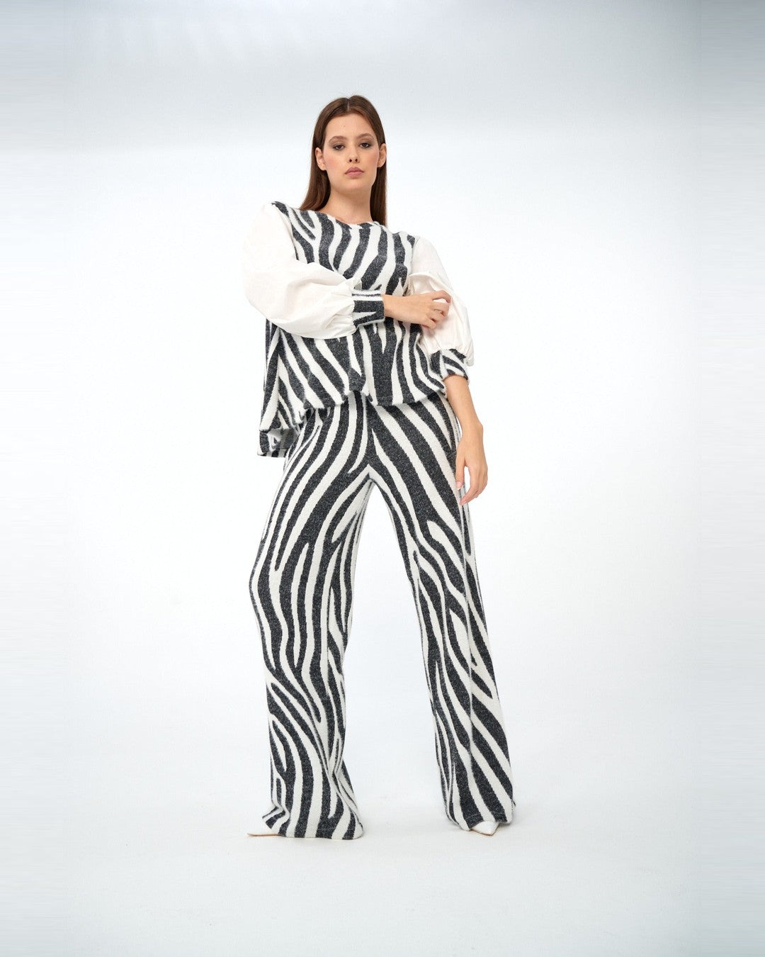 Zebra balon kollu triko bluz, zebra geniş paça triko pantolon