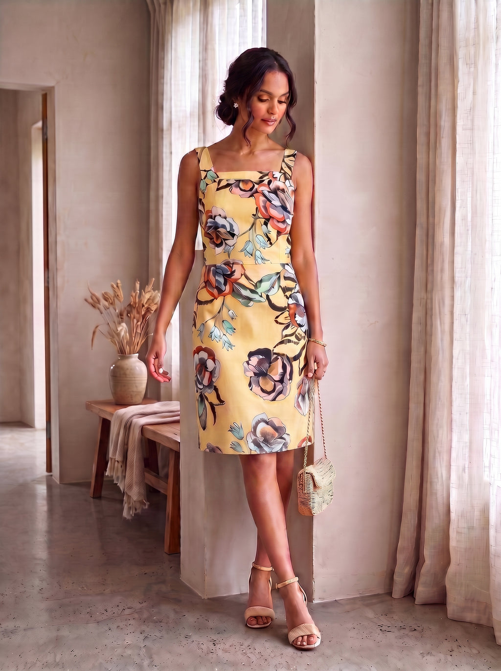 Sarı - Farren Kolsuz Çiçek Desenli Kuşaklı Elbise - FRN30390 - Lookbook editorial interior